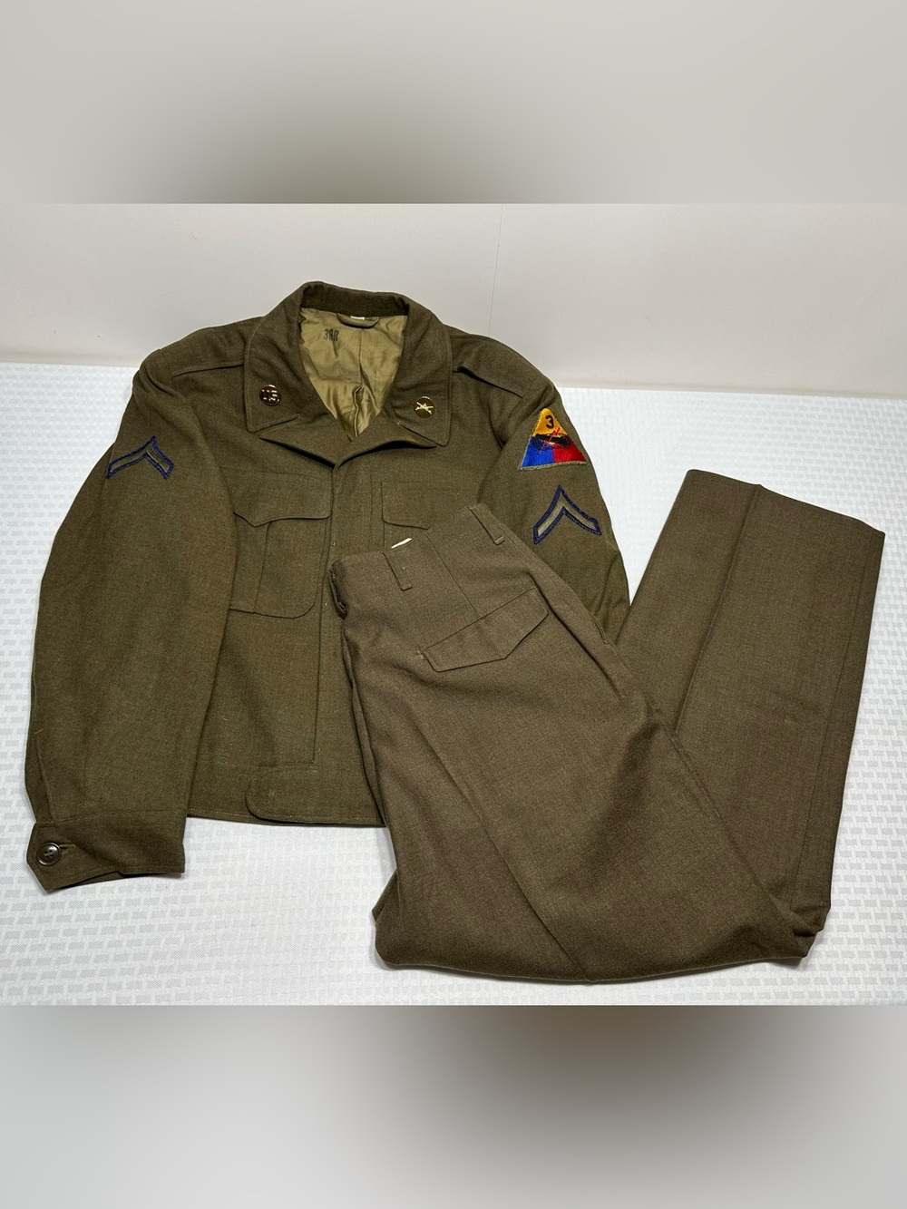 Vtg 40's WWII 2 PC US 3rd Armored Division Ike Jacket 38R Wool Uniform Pant Set